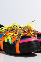 Cape Robbin CHUNK FEVER Neon Multicolor Mesh Trim Jewel Straps Lug Sole Sneaker