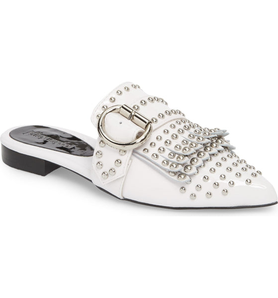 Jeffrey Campbell Daniel White Patent Silver Studded Loafer Pointed Slide