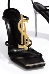 Cape Robbin AMBITION Dollar Sign Strappy Square Perspex Stiletto Heel Toe Sandal