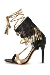 Schutz Maira Black / Gold Leather Tassel & Fringe Fashion Dress Pump Sandals