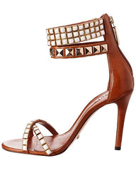 Schutz Wood Leather High Heel Stiletto Studded Strappy Ankle Cuff Sandals