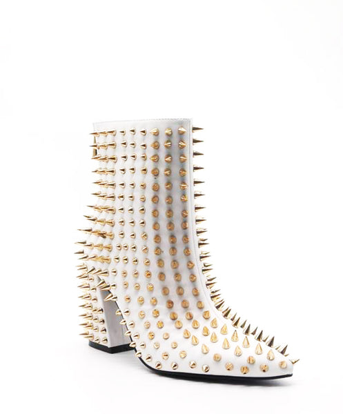Cape Robbin Billie White Block Heel Pointed Spike Gold Studded Ankle Boots