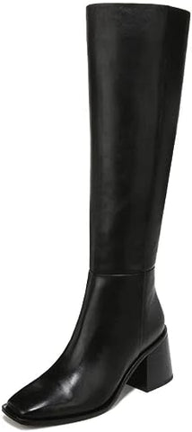 Sam Edelman Wade Black Leather Stacked Heel Squared Toe Knee High Fashion Boots