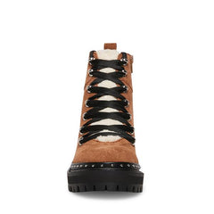 Steve Madden Rainier Lace Up Embellished Lug Sole Ankle Boots Cognac Suede