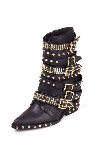 Jeffrey Campbell Draco-Stud Black Gold Pointy Toe Embellished Moto Leather Boots