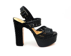 Schutz Kuka Textured Black Leather Open-Toe Ankle Buckle Platform Sandals (7.5, Black)