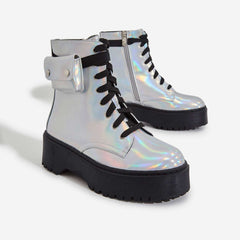 LuxeModa Cargo Hologram Chunky Platform Lace-Up Combat Boot Pocket Pouch Detail