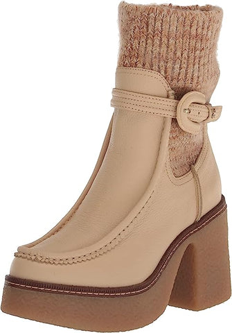 Sam Edelman Sidney Eggshell Leather Pull On Rounded Toe Ribbed Knit Fabric Boots