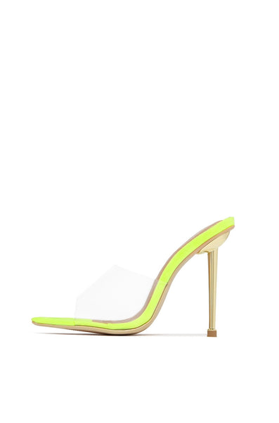 Cape Robbin King Lime Yellow Transparent Clear Open Gold Stiletto Mule Sandal