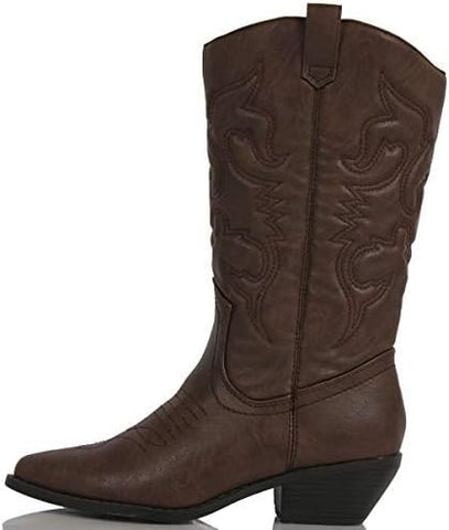 Soda Reno Dark Tan Women Western Cowboy Pointed Toe Knee High Pull On Tabs Boots