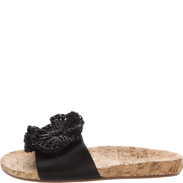 Schutz Halle Black Leather Flower Design Comfortable Cork Slide Mule Sandals