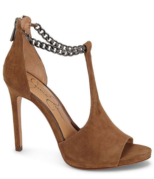 Jessica Simpson Rexa Ankle-Chain Tan Suede Sandals High Heel Peep Toe Dress Pump