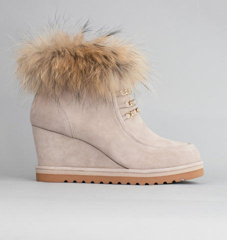 Cecelia New York Torre Taupe Pull On Fur Ankle Rounded Toe Gold Chain Boots