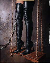 Liliana Gisele-50 BLACK Leather Stretchy Thigh High Pointy Stiletto Heel Boot (10)