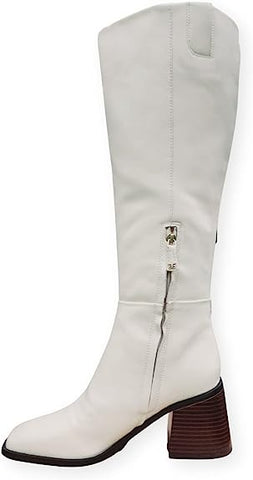 Sam Edelman Wade Modern Ivory Stacked Heel Pointed Toe Knee High Fashion Boots
