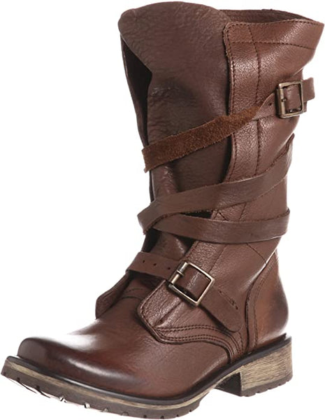 Steve Madden Banddit Brown Leather Easy Pull-On Rounded Toe Buckle Closure Boots