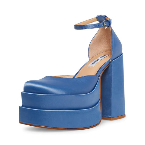 Steve Madden Charlize Slate Blue Block Heel Ankle Strap Square Toe Fashion Pumps