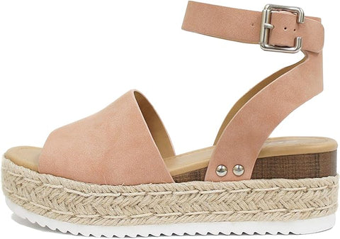 Soda Topic Rosy Nude Espadrilles Ankle Strap Studded Open Toe Wedge Heel Sandals