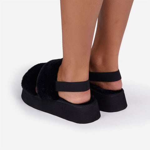 Luxemoda Women's Tata Fluffy Stripe Platform Slip On Open Toe Faux Fur Slippers