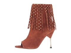 Brian Atwood SOPHIA, Studded Fringe Open Toe High Heel Bootie, Whiskey