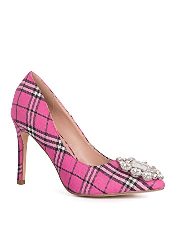 Lauren Lorraine Giselle-2 Slip On Rhinestone Slim Heel Stiletto Hot Pink Plaid Pump