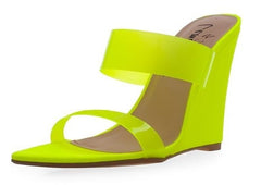 Lemon Drop Privileged Demille Neon Yellow High Wedge Clear Strap Mule Sandals