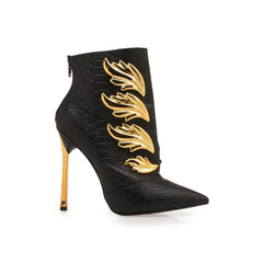 Privileged Evolve Black Vegan Snake Leather Metal Gold Wing Pointy High Booties