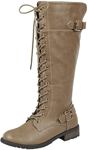 Forever Link Mango-27 Taupe Strappy Lace-Up Knee High Combat Stacked Heel Boots