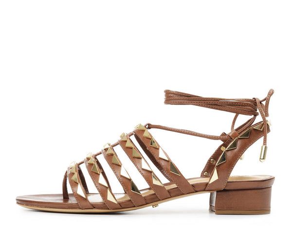Schutz Marlize Saddle Brown Gladiator Sandals With Stedded Gold Embellishment