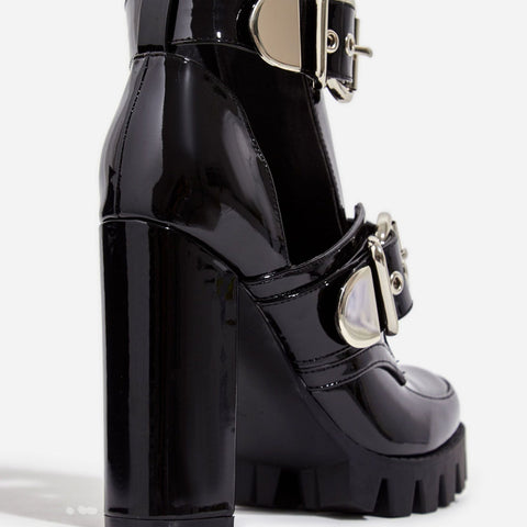 Cape Robbin Chacha Black Patent Moto Buckle Detail Cut Out Ankle Lug Sole Boot