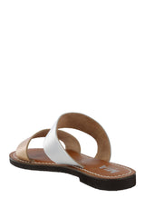 Mia Nila Tan Silver Open Toe Flat Slide Leather Double Strap Fashion Sandals