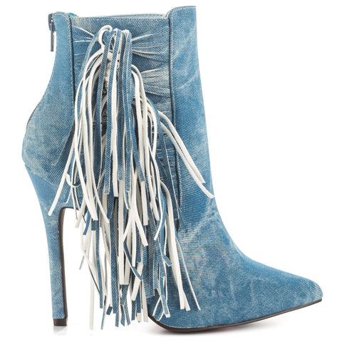 Luichiny Going Fast Pointed Toe High Stiletto Distressed Denim Fringe Ankle Boot
