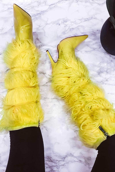 Cape Robbin Skin Deep Yellow Patent Knee High Feather Fur Fashion Dress Boots