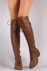 Breckelles alabama-12 Premium Tan Military Combat Lace Up Over-The-Knee Boots