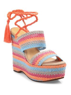 SCHUTZ Bendy Crochet Espadrille Wedge Multi Color Platform Tie Up Open Sandals
