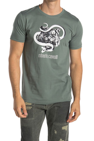 Roberto Cavalli Tiger & Snake Graphic Crew Neck T-Shirt GREEN HST609A47504940