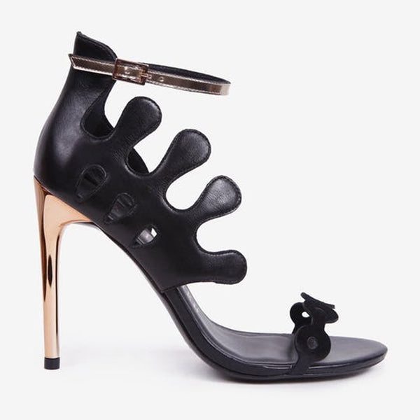Ivy Kirzhner Black Leather Gold Ankle Strap Wild Design Open Toe Sandals Pumps