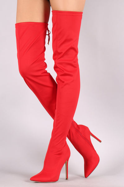 Liliana Gisele-7 Red faux Suede Pointy Toe Thigh High Single Sole Stiletto Boot (11)