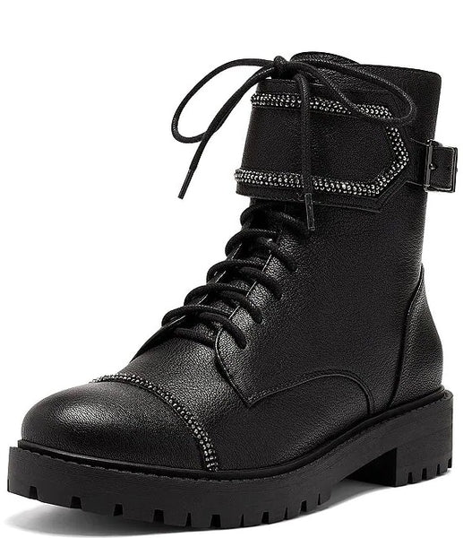 Jessica Simpson Karia Round toe Lace-up Buckled Wrap Strap Combat Boots Black