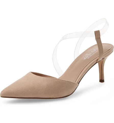 Charles David Alda Nude-Clear Pointed Toe Ankle Strap Padded Footbed Fabric Pump