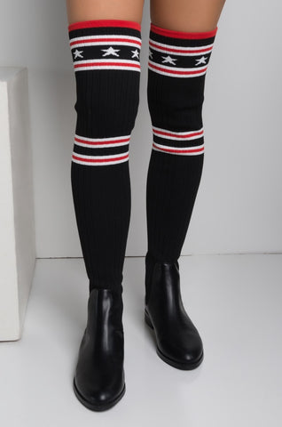 Cape Robbin Metis-1 Black Stars And Stripes Ribbed Knit Over-The-Knee Boots (5.5)