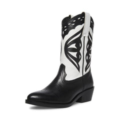 Steve Madden Laredo-M Black/White Western Cowboy Stacked Block Heel Boots