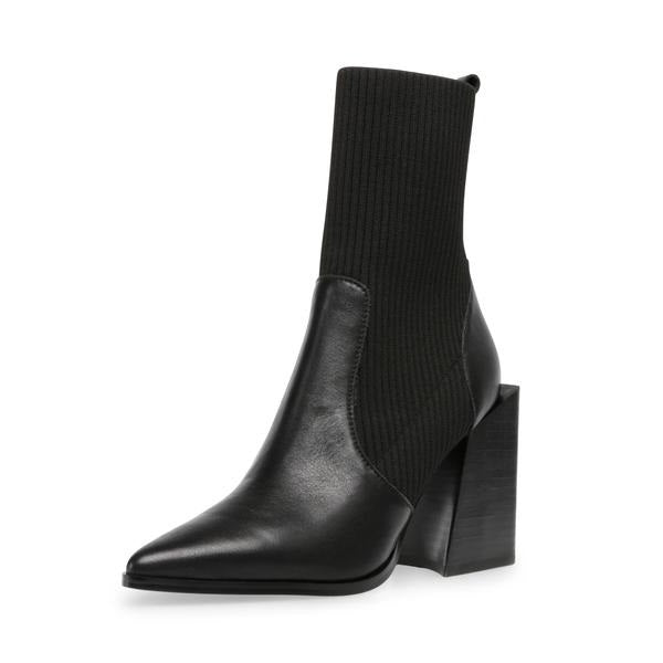 Steve Madden Tackle Black Leather Pull-On Asymmetrical Stacked Heeled Boot