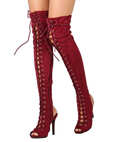 Breckelles Womens Randi-23 Faux Suede Lace Up Back Thigh High Boots Leopard 5.5