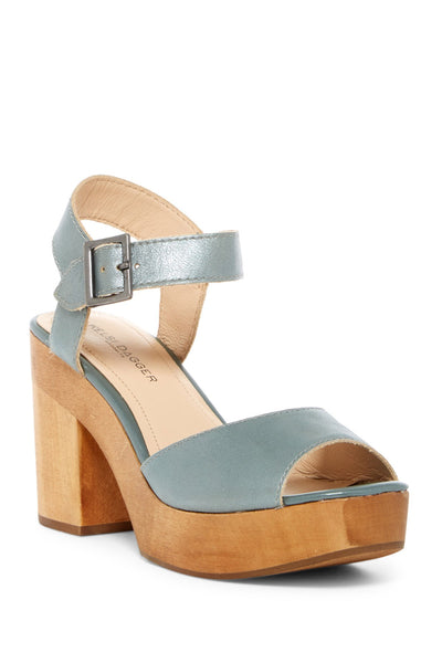 Kelsi Dagger Front Blue Platform Sandals Leather Open Toe Clog Wood Block Heel