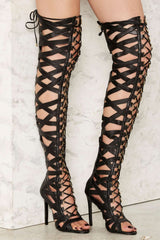 Lust For Life Psycho Leather Caged Lace Up Gladiator Sandal Thigh High Heel