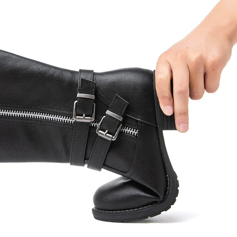 GLOBALWIN Women's Knee High Boots Side Zip Buckle Detail Riding Boots For Women