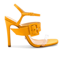 Schutz Prunella Sunshine Yellow Stiletto Clear Toe Strap Buckle Detail Sandals