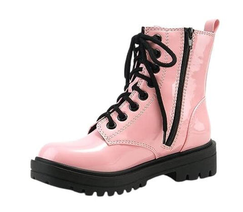 Soda Firm Pink Patent Lace Up Rounded Toe Chunky Platform Combat Ankle Boots