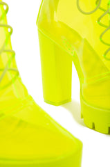 Cape Robbin Cybil Lime Tinted Transparent Lace Up Zip Back Heeled Platform Boots (8.5, Lime)